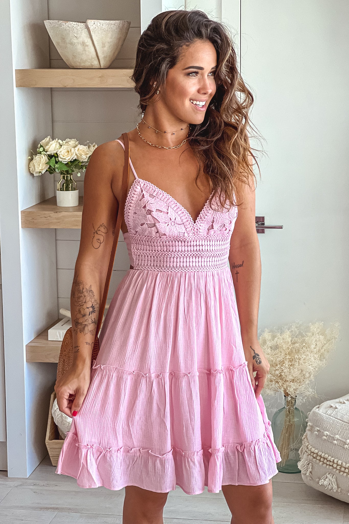 Pink Crochet Top Short Dress With Open ...